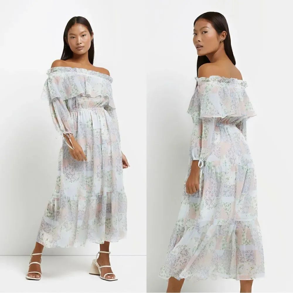NWT River Island Maxi Blue Dress Petite Floral Bardot Size 2